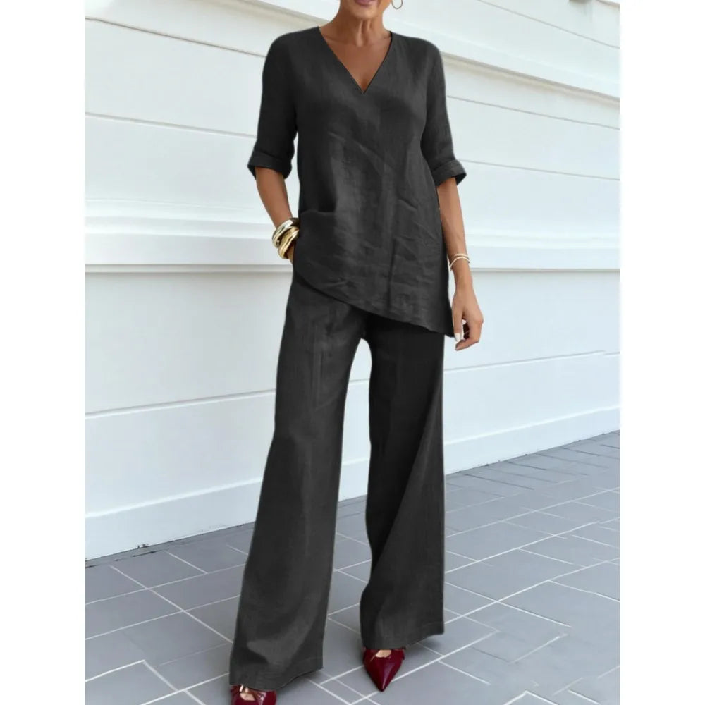 Conjunto Algodão & Linho – Blusa Decote V & Calça Reta