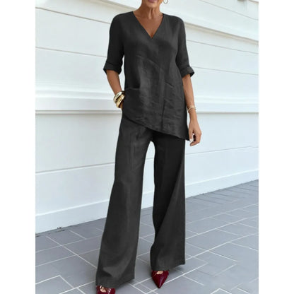Conjunto Algodão & Linho – Blusa Decote V & Calça Reta
