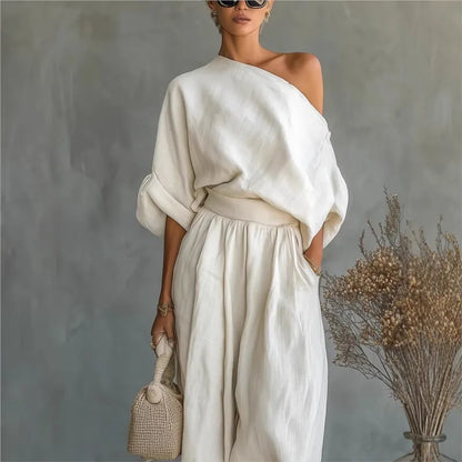 Conjunto Resort Luxe – Ombro Assimétrico & Calça Wide Leg