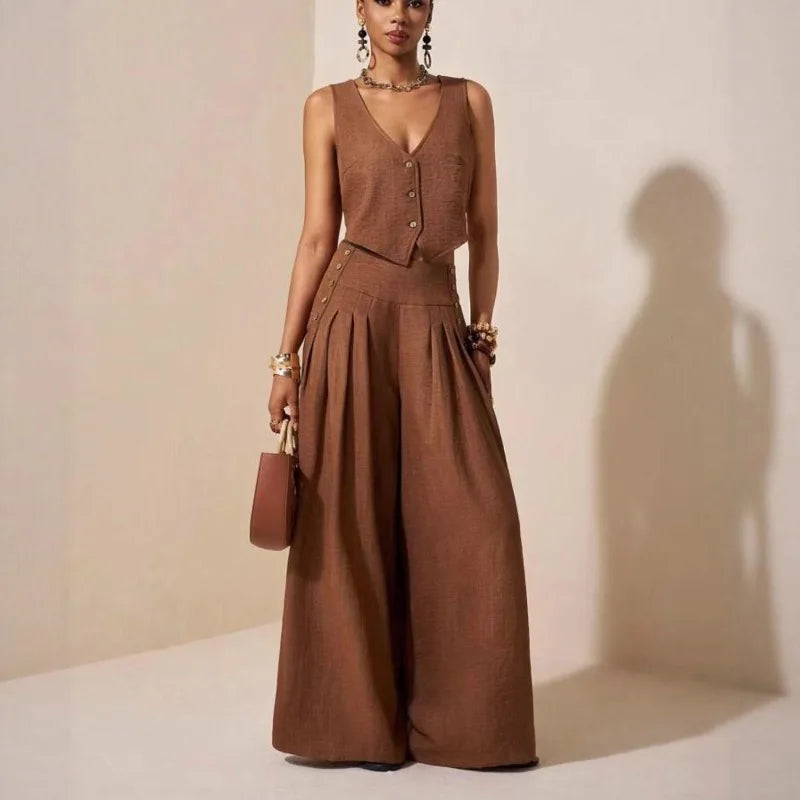 Linen Luxe Set – Elegant Vest & Wide Leg Trousers