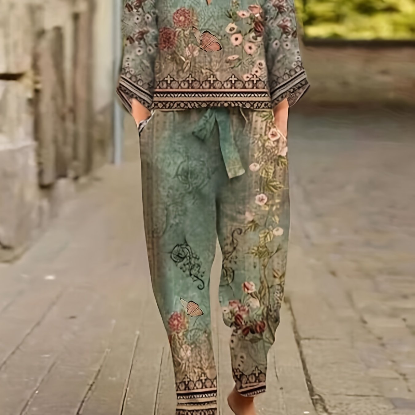 Conjunto Feminino Vintage Floral – Camisa Gola V + Calça com Cós Amarração