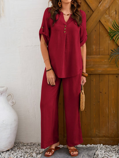 Conjunto Feminino Gola V Manga Curta + Calça Wide Leg – Estilo Descomplicado para Primavera/Verão