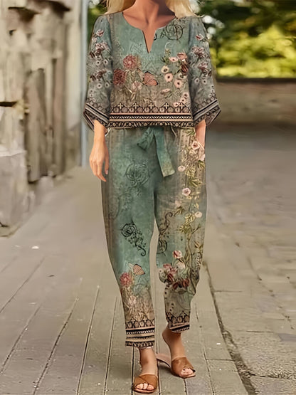 Conjunto Feminino Vintage Floral – Camisa Gola V + Calça com Cós Amarração