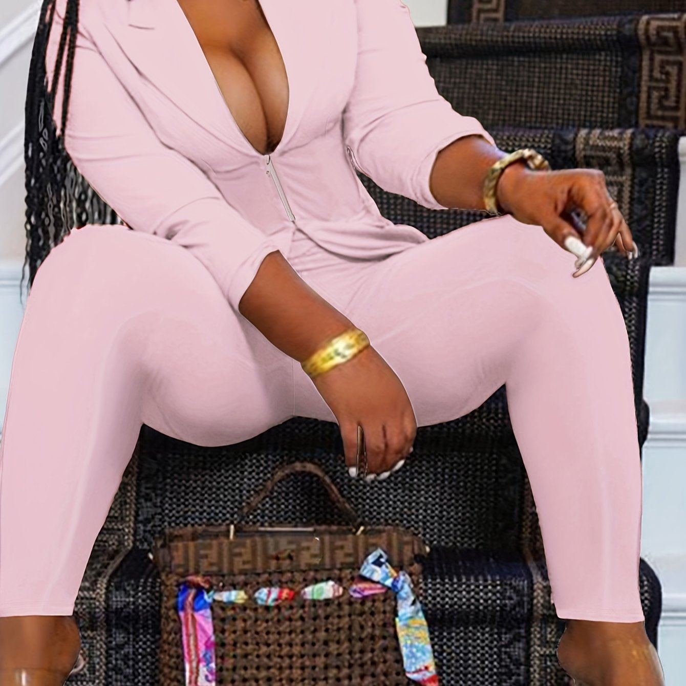 Conjunto Plus Size Feminino Blazer & Calça – Zíper Frontal com Elegância Profissional