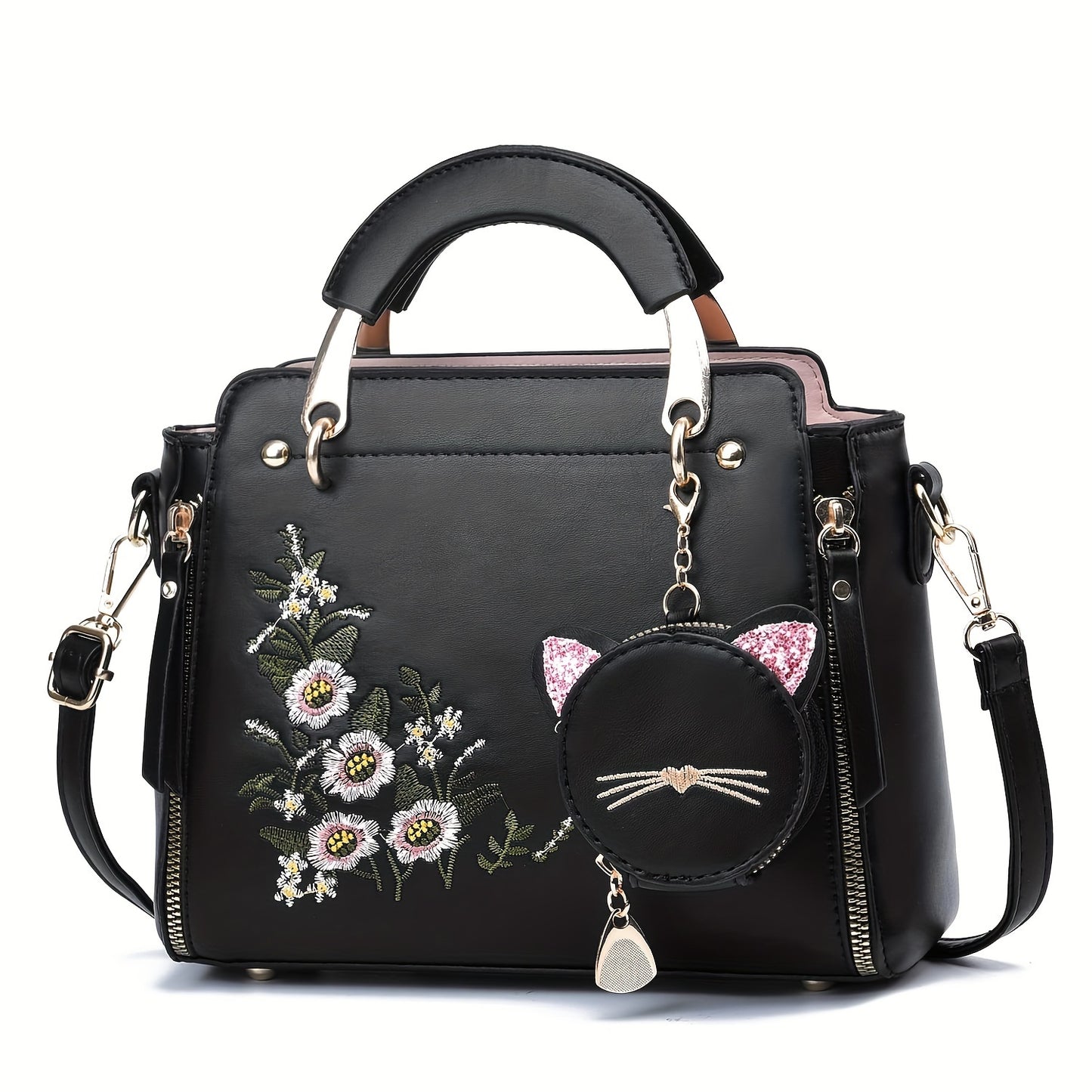 Bolsa Mini Feminina Satchel 2025 – Top-Handle + Corrente com Pingente Gatinho