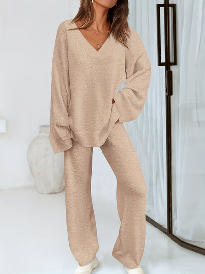 Conjunto Feminino Malha Tricot – Suéter Manga Longa + Calça Reta Solta