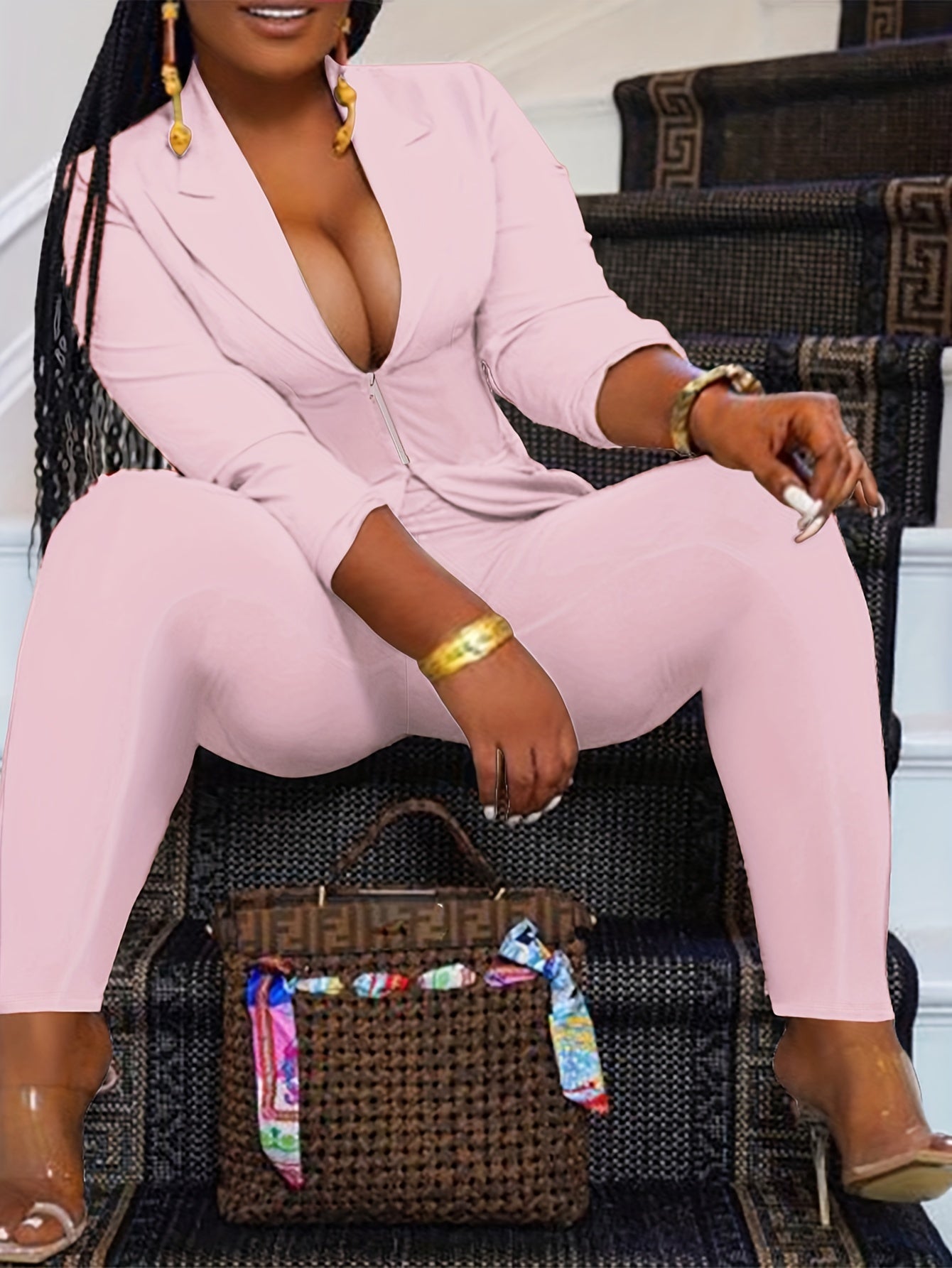 Conjunto Plus Size Feminino Blazer & Calça – Zíper Frontal com Elegância Profissional