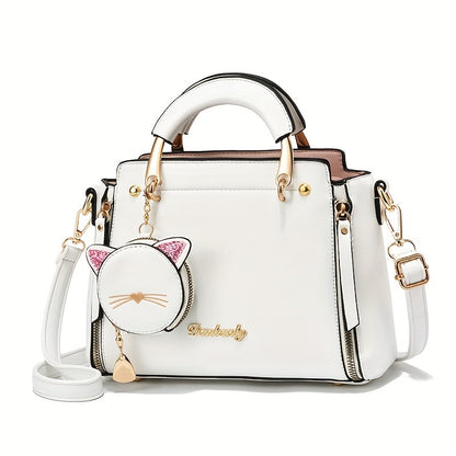 Bolsa Mini Feminina Satchel 2025 – Top-Handle + Corrente com Pingente Gatinho