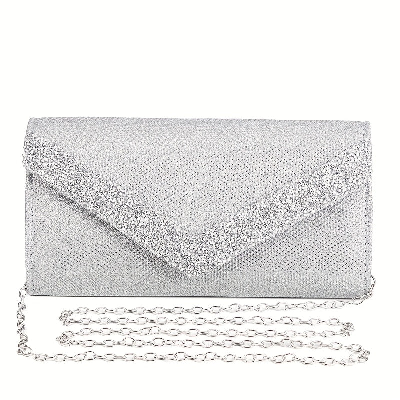 Clutch Feminina Envelope com Glitter – Mini Bolsa Prateada com Corrente para Festa
