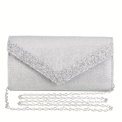 Clutch Feminina Envelope com Glitter – Mini Bolsa Prateada com Corrente para Festa