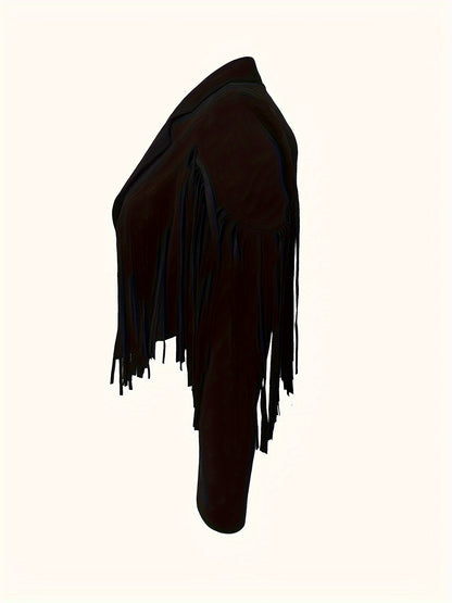 Blazer Feminino Plus Size Casual – Corte Cropped, Franjas, Manga Longa