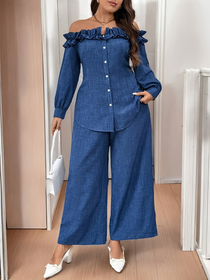 Conjunto Plus Size Feminino Casual & Elegante – Top Ombro-Caído Manga Longa + Calça Reta Cintura Alta