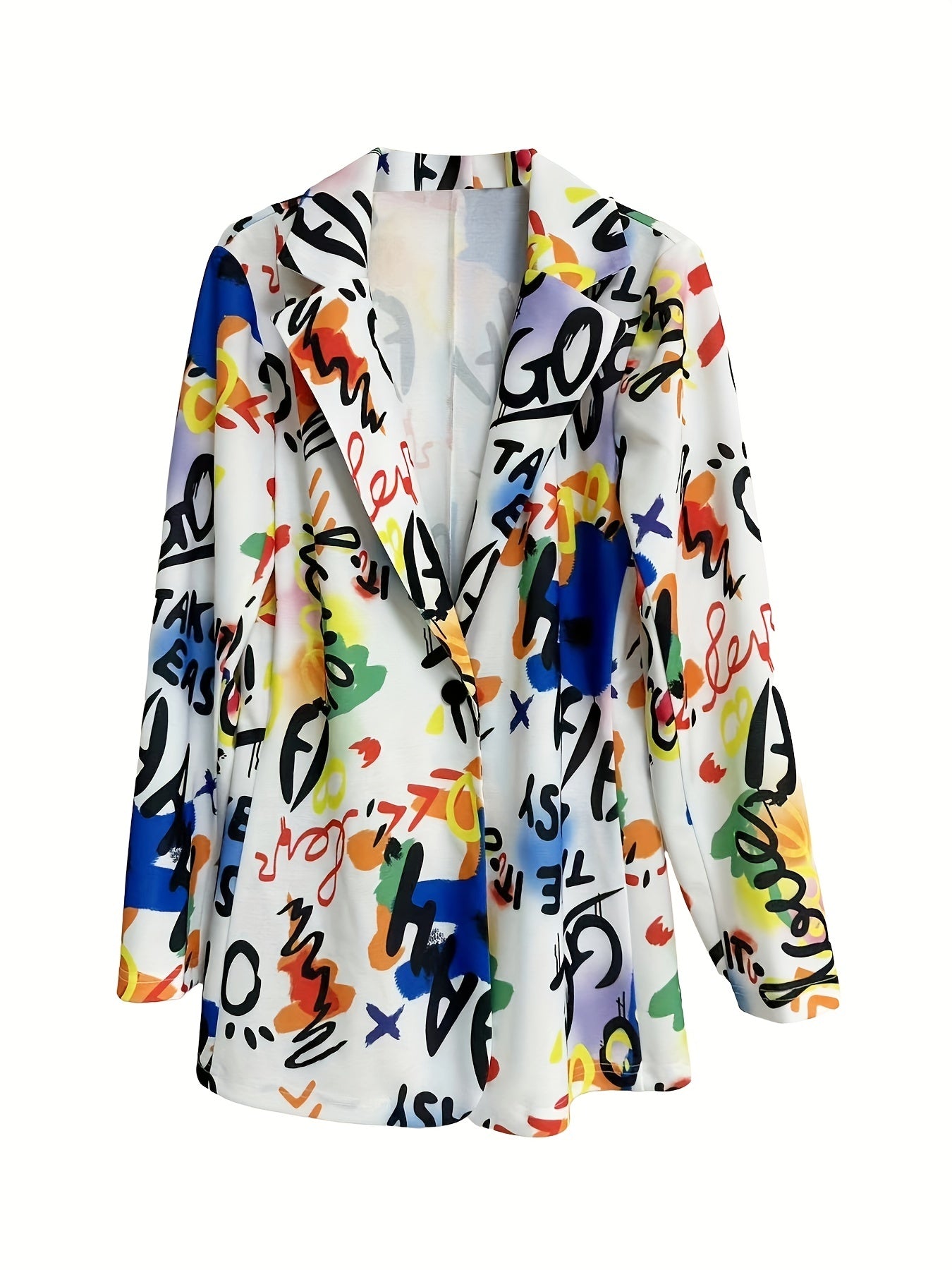 Blazer Plus Size Estampa Graffiti – Lapela Clássica, Botão Único & Design com Slight Stretch
