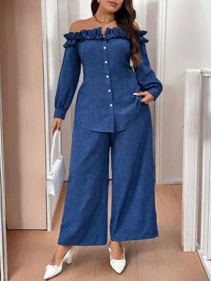 Conjunto Plus Size Feminino Casual & Elegante – Top Ombro-Caído Manga Longa + Calça Reta Cintura Alta