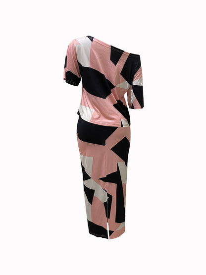 Conjunto Feminino Estampa Geométrica – Blusa Ombro Único + Saia com Cós Ajustável