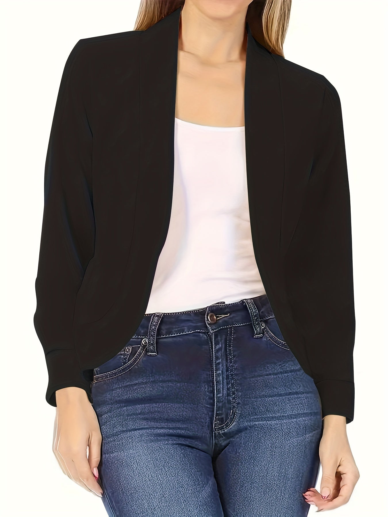 Blazer Feminino Gola Lapela – Manga Longa, Corte Aberto, Versátil Escritório/Casual
