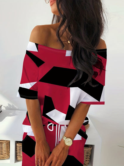 Conjunto Feminino Estampa Geométrica – Blusa Ombro Único + Saia com Cós Ajustável