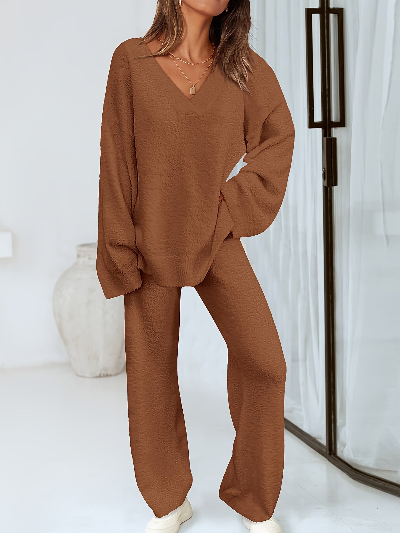 Conjunto Feminino Malha Tricot – Suéter Manga Longa + Calça Reta Solta