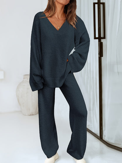 Conjunto Feminino Malha Tricot – Suéter Manga Longa + Calça Reta Solta