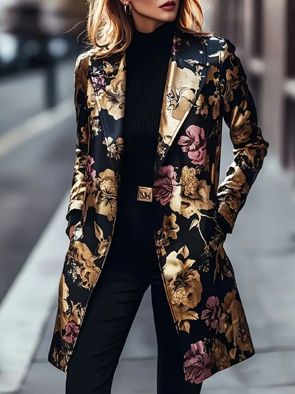 Blazer Feminino Floral Elegante – Padrão Dourado & Vinho