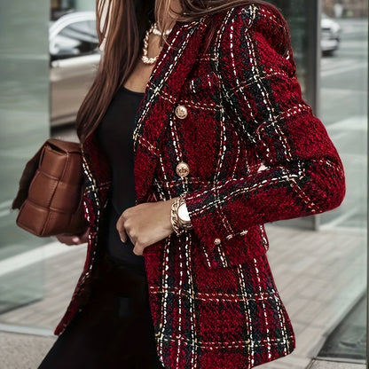 Blazer Feminino Xadrez Vermelho – Dupla­botonagem & Botões Dourados