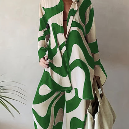 Conjunto Plus Size Feminino Listrado Abstrato – Camisa Botões Manga Longa + Calça Pantalona Cintura Alta