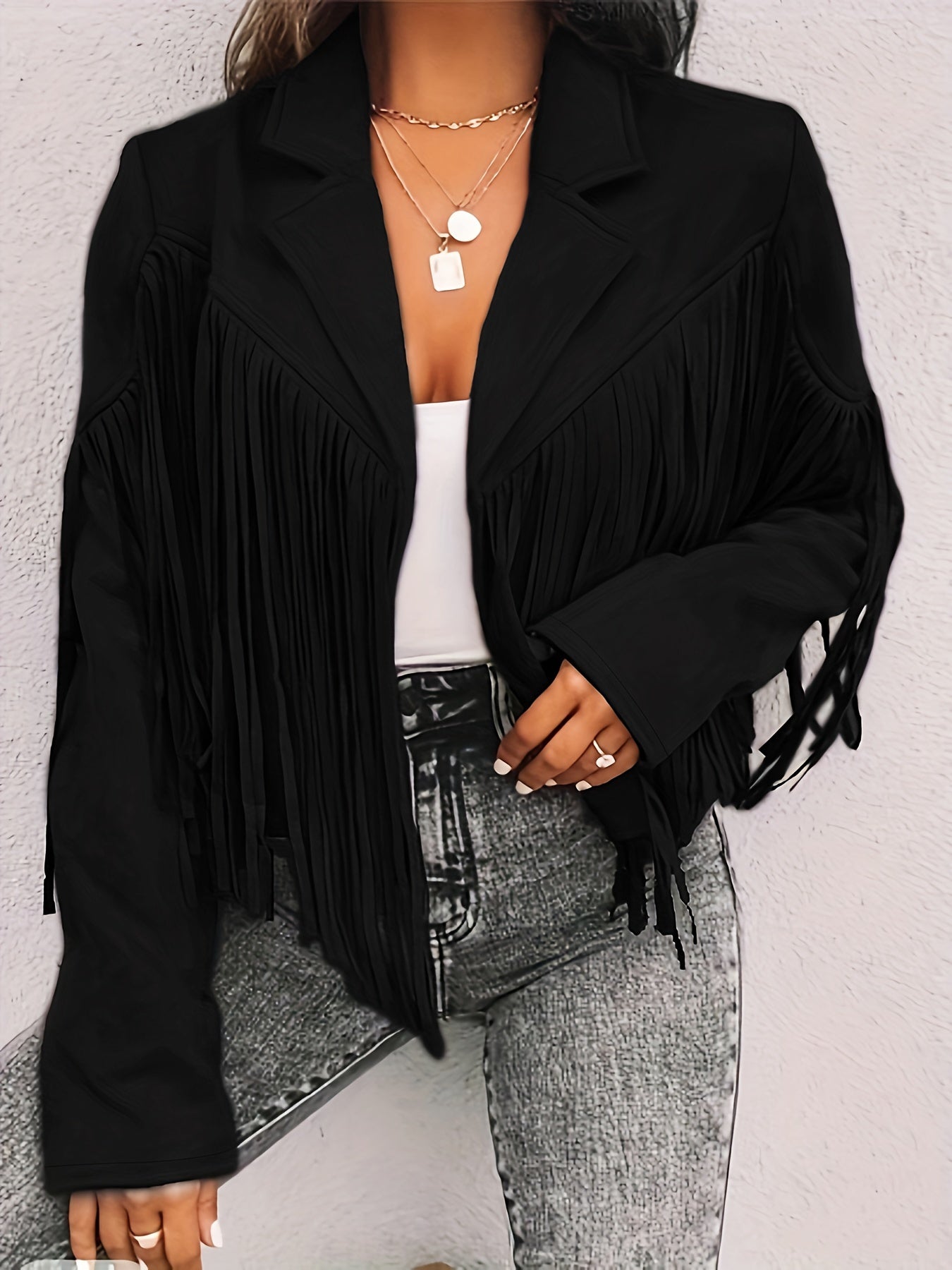 Blazer Feminino Plus Size Casual – Corte Cropped, Franjas, Manga Longa