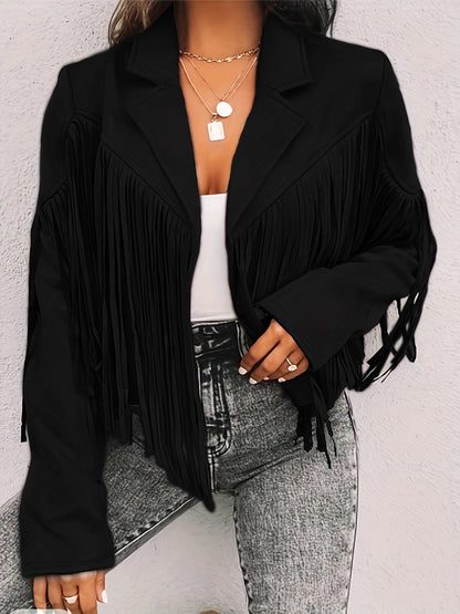 Blazer Feminino Plus Size Casual – Corte Cropped, Franjas, Manga Longa