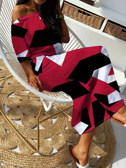 Conjunto Feminino Estampa Geométrica – Blusa Ombro Único + Saia com Cós Ajustável