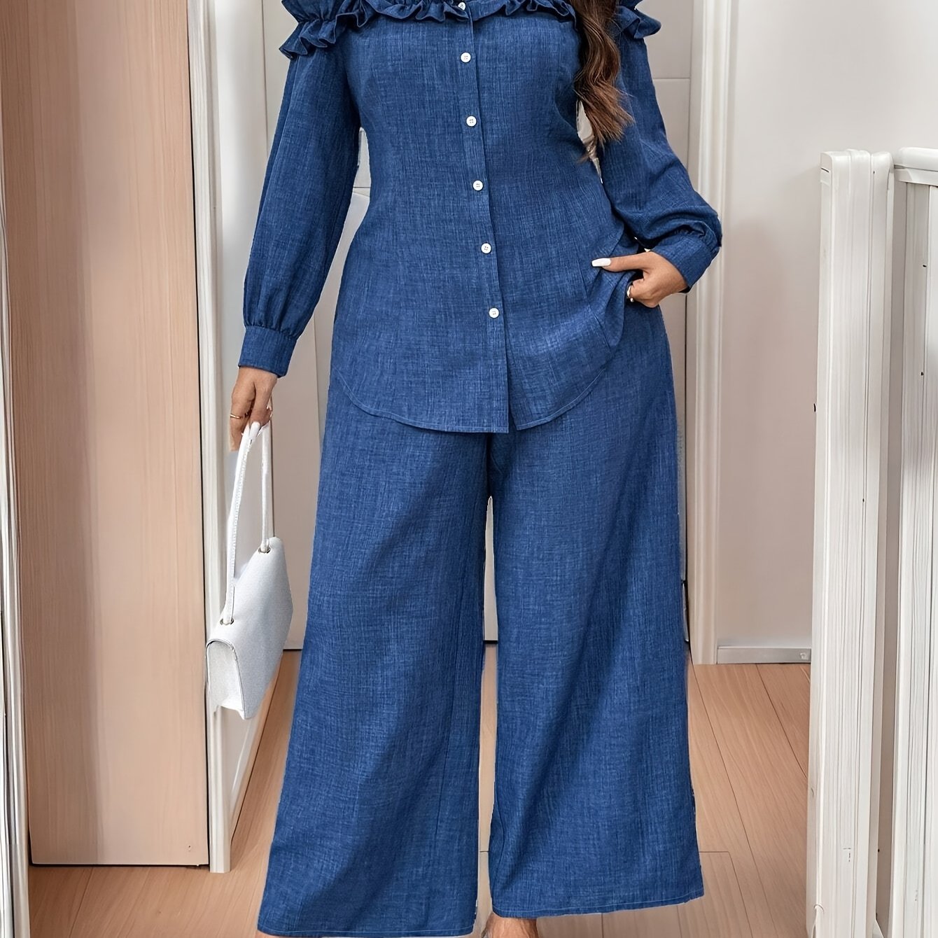 Conjunto Plus Size Feminino Casual & Elegante – Top Ombro-Caído Manga Longa + Calça Reta Cintura Alta