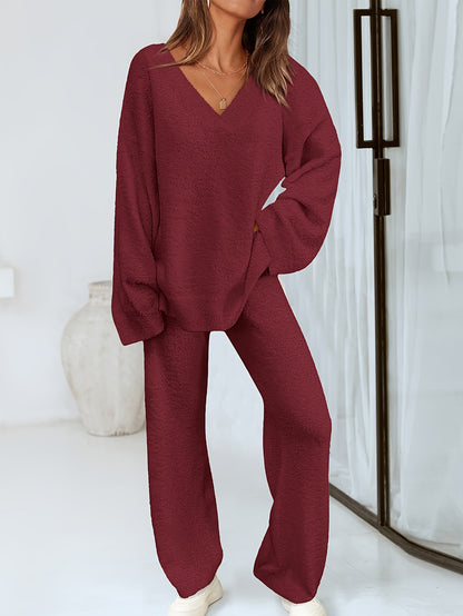 Conjunto Feminino Malha Tricot – Suéter Manga Longa + Calça Reta Solta