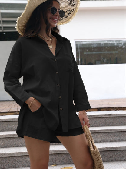 Conjunto Plus Size Feminino Casual – Camisa Botões Manga Longa + Shorts com Cordão