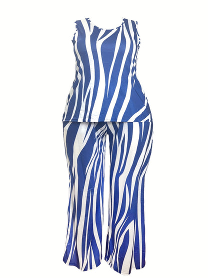 Conjunto Plus Size Feminino Listras Colorblock – Top Regata + Calça Reta