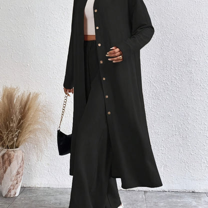 Conjunto Feminino Alfaiataria Casual – Blusa Botão Único + Calça Wide-Leg Cintura Elástica