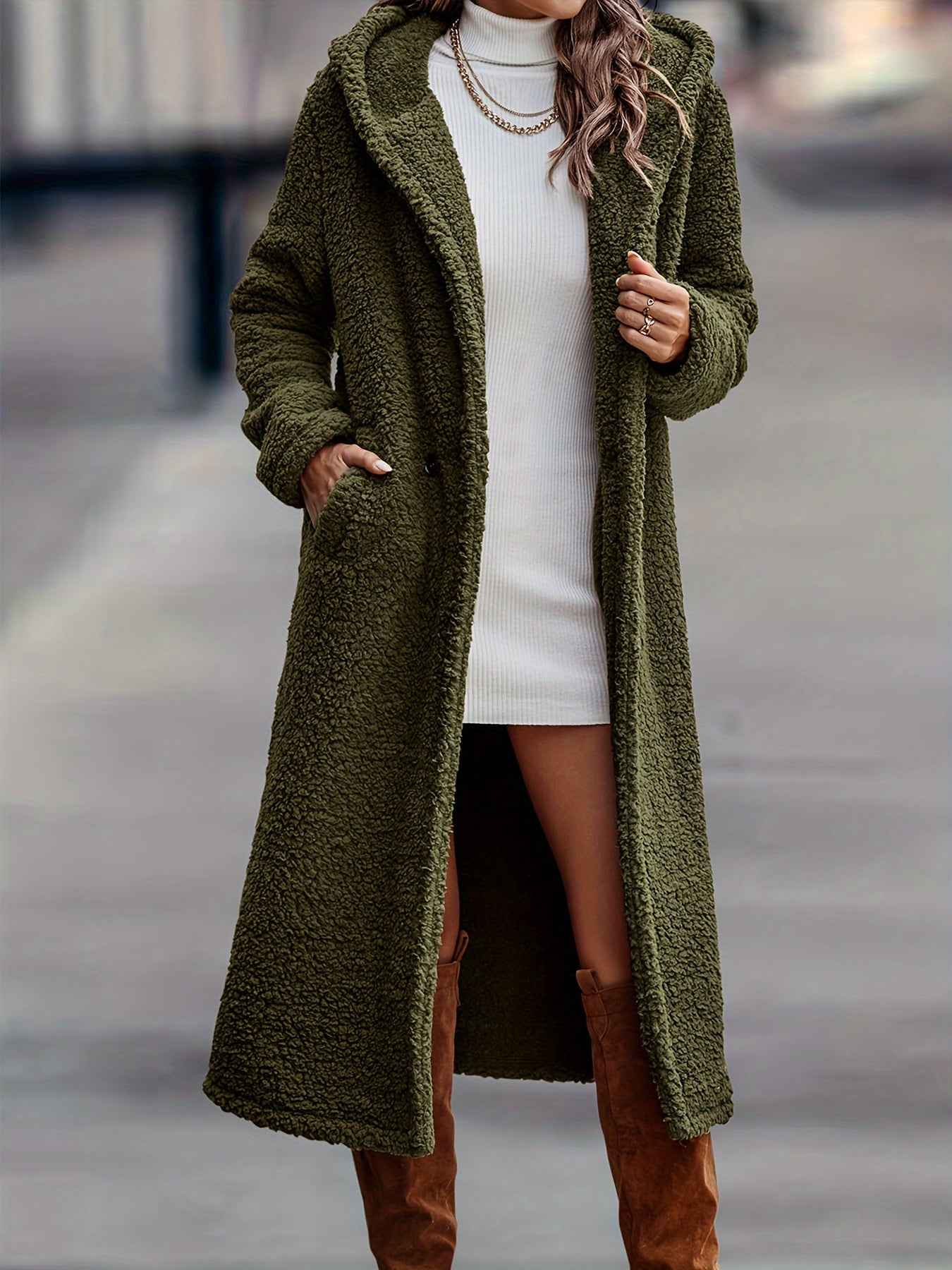 Casaco Sherpa Fleece Long Hooded – Aconchego & Estilo