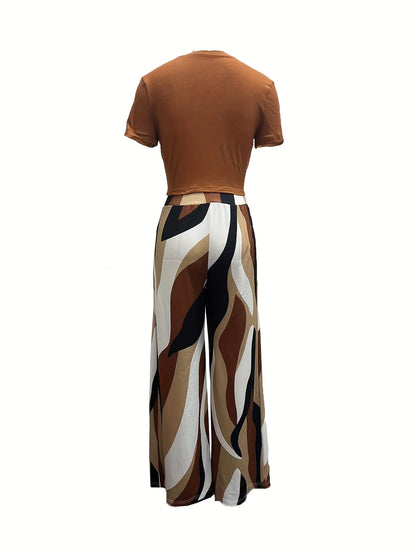 Conjunto Feminino Casual Primavera/Verão – Crop Top Manga Curta + Calça Wide Leg