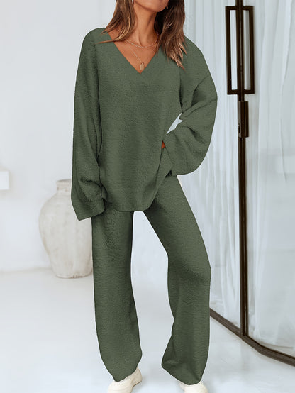 Conjunto Feminino Malha Tricot – Suéter Manga Longa + Calça Reta Solta