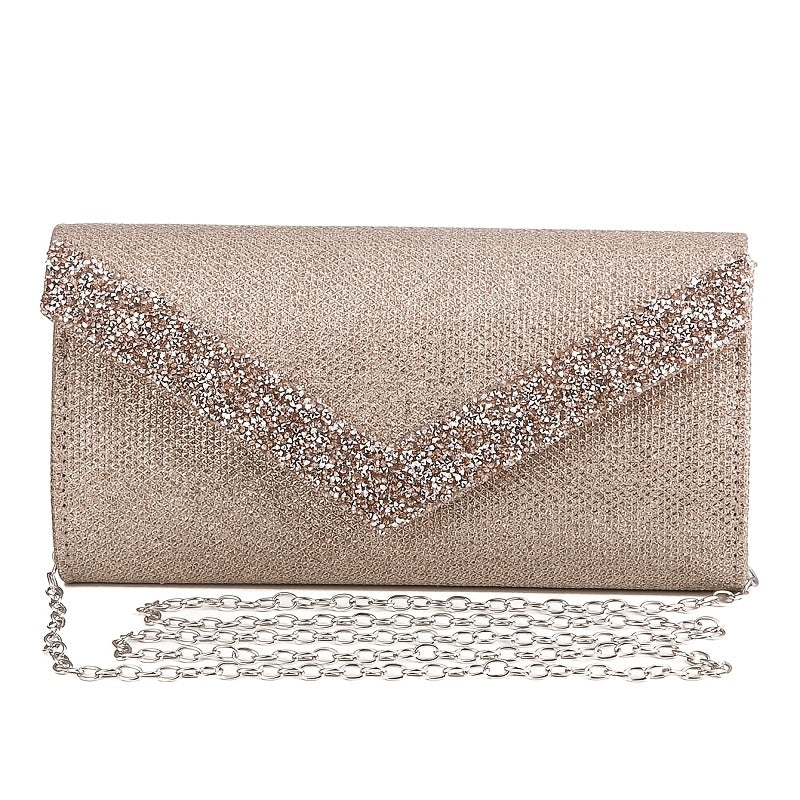 Clutch Feminina Envelope com Glitter – Mini Bolsa Prateada com Corrente para Festa