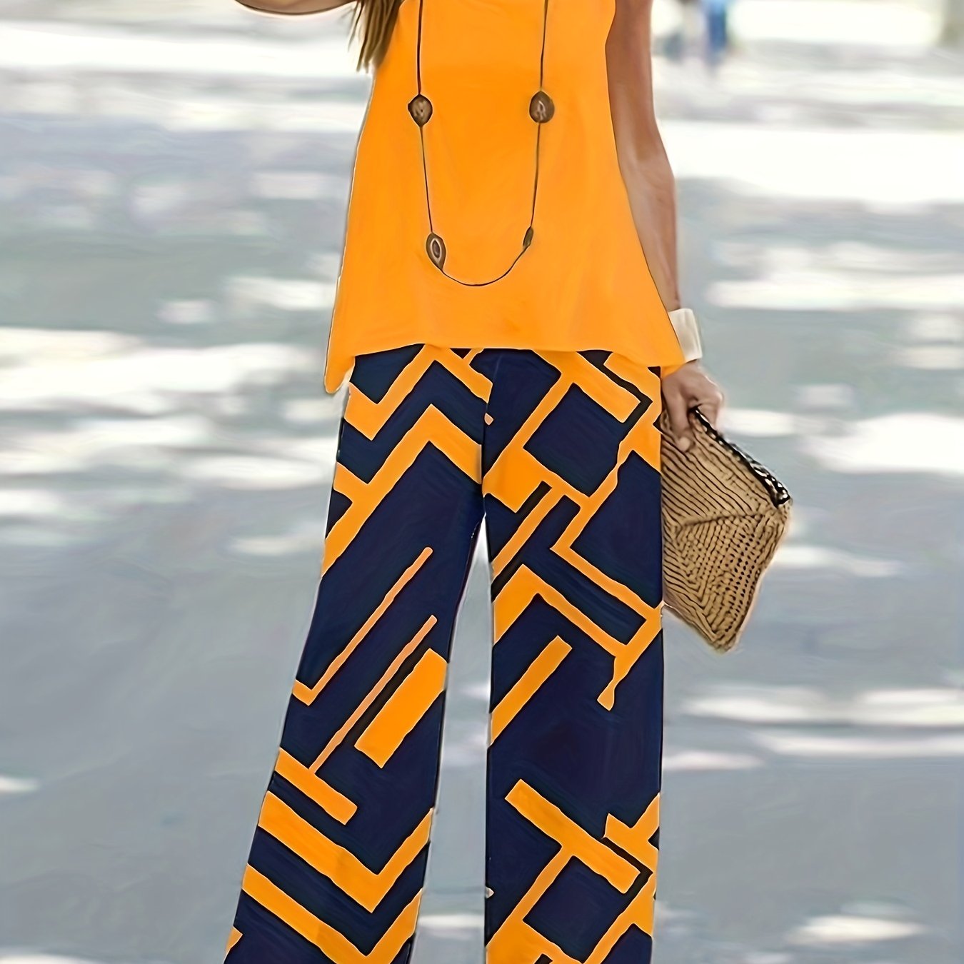 Conjunto Feminino Geo-Print Trend – Top Colete Sem Mangas + Calça Pantalona