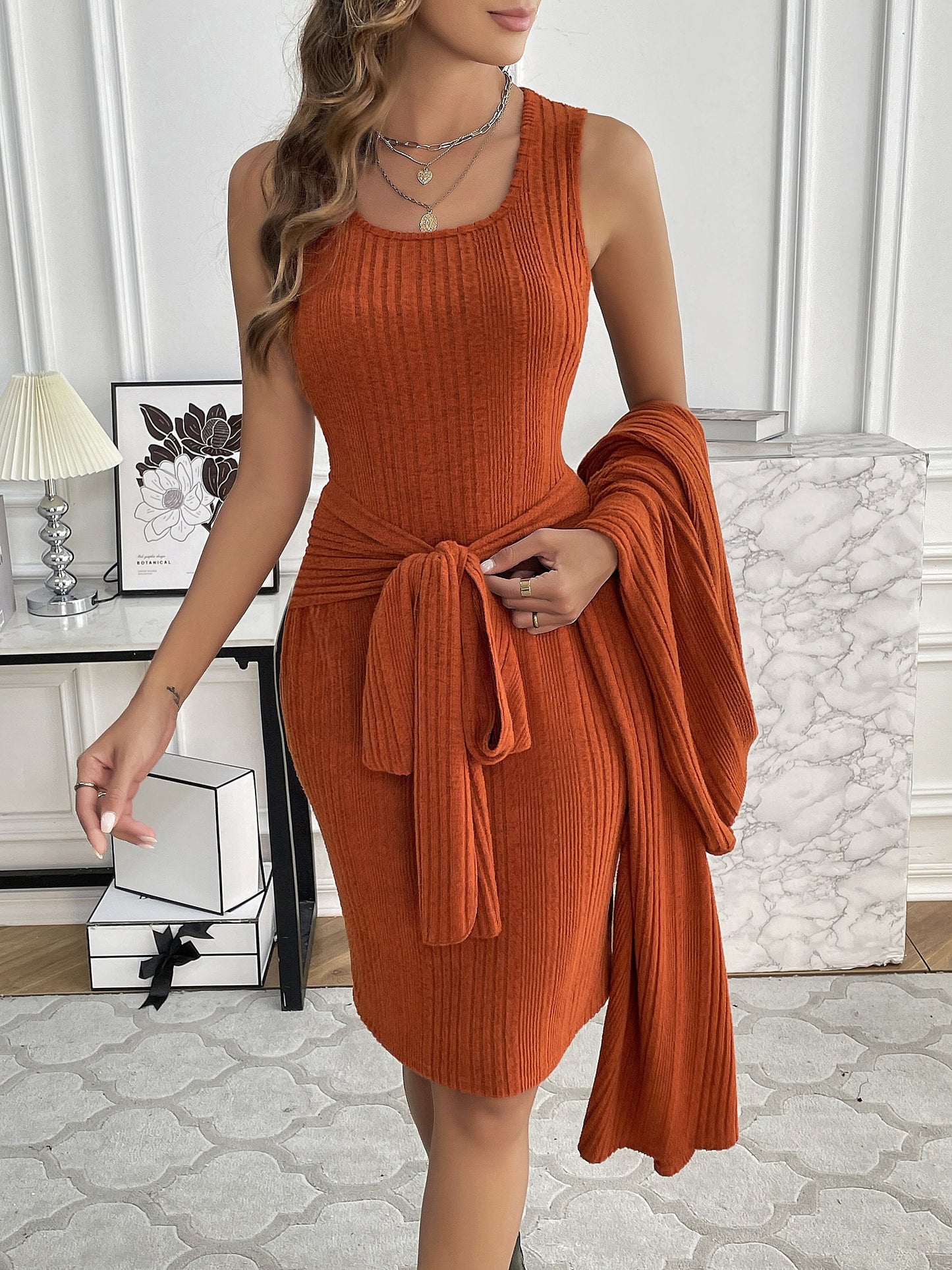 Conjunto Feminino Tricot Ribado – Cardigã Manga Longa + Vestido Alça Ajustável