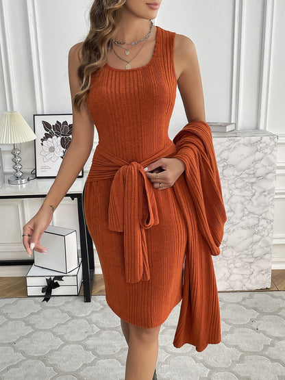 Conjunto Feminino Tricot Ribado – Cardigã Manga Longa + Vestido Alça Ajustável