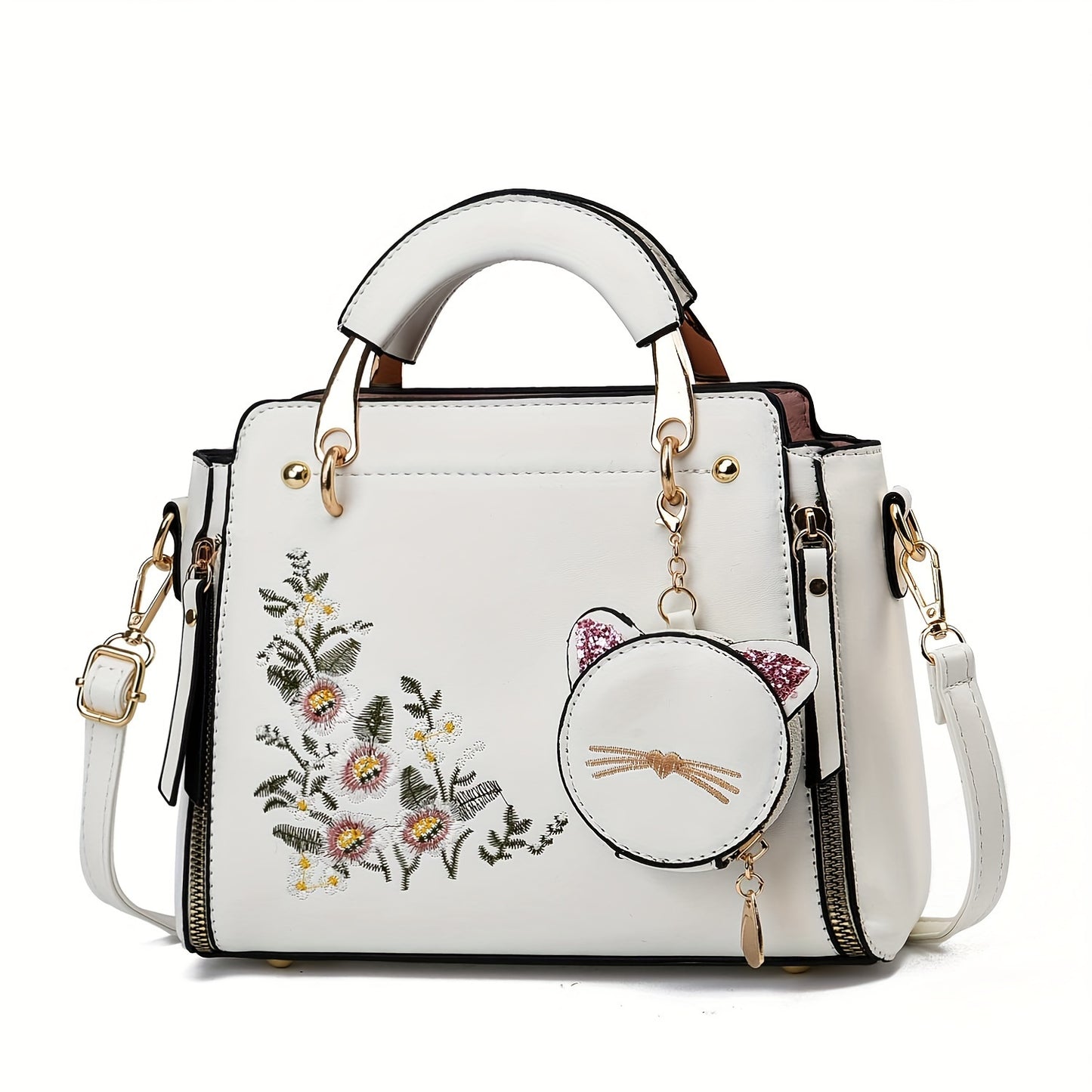 Bolsa Mini Feminina Satchel 2025 – Top-Handle + Corrente com Pingente Gatinho