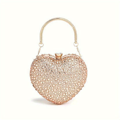 Clutch Feminina Formato Coração com Strass – Mini Evening Bag com Corrente
