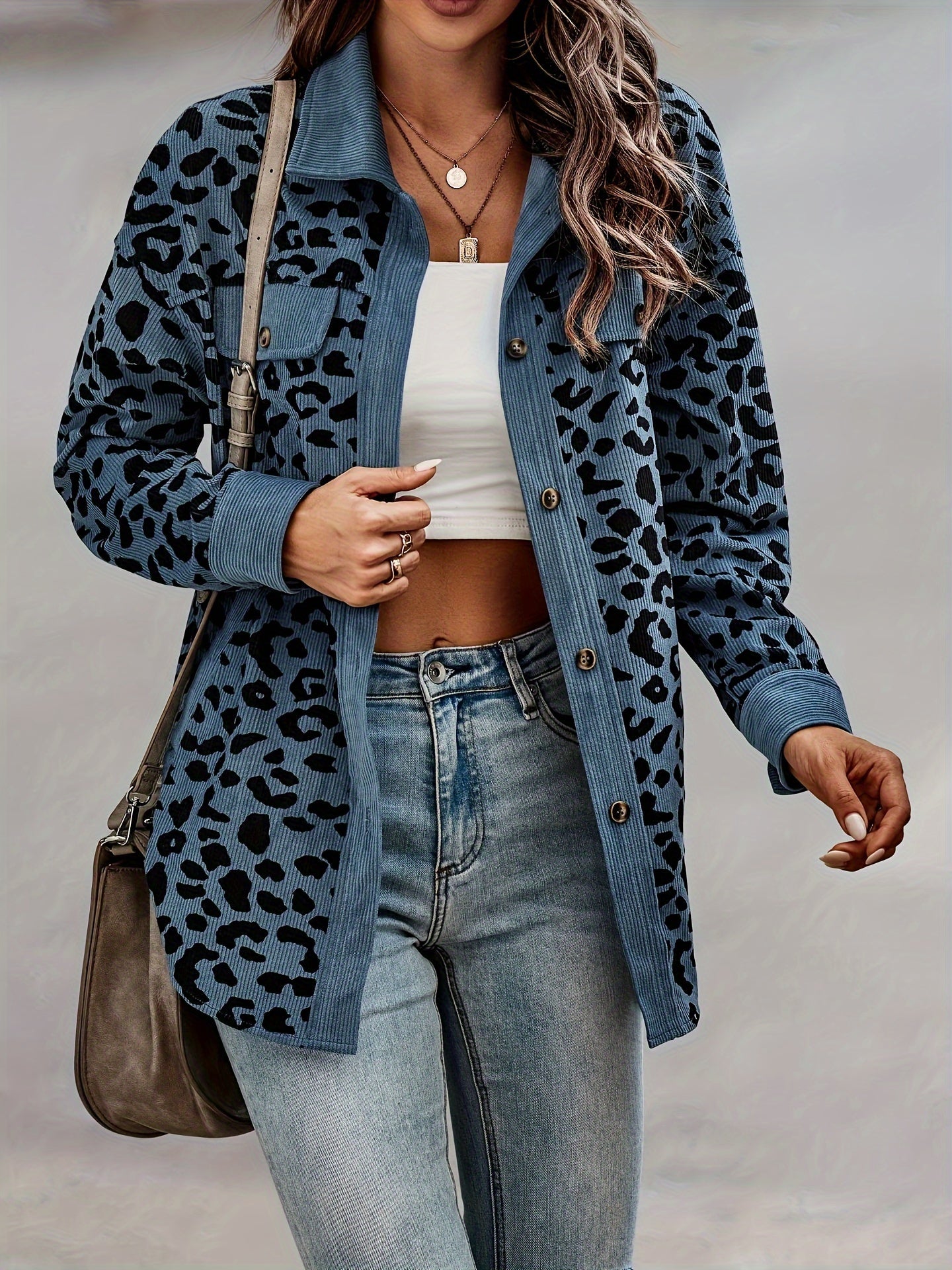 Blazer Feminino Y2K Estampa Leopardo – Manga Longa, Botões Frontais & Silhueta Solta