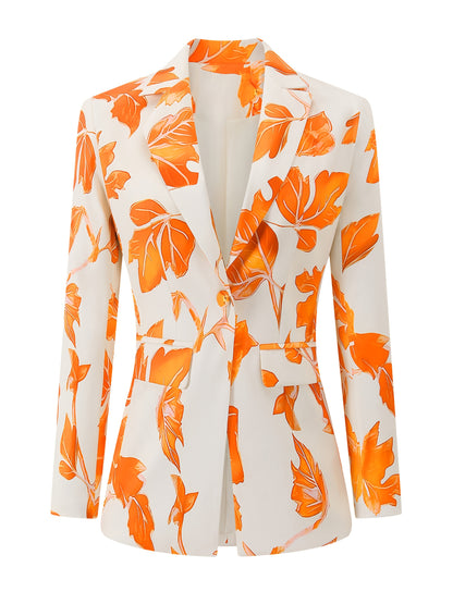 Blazer Feminino Estampa Folhagem Laranja – Single-Breasted Versátil
