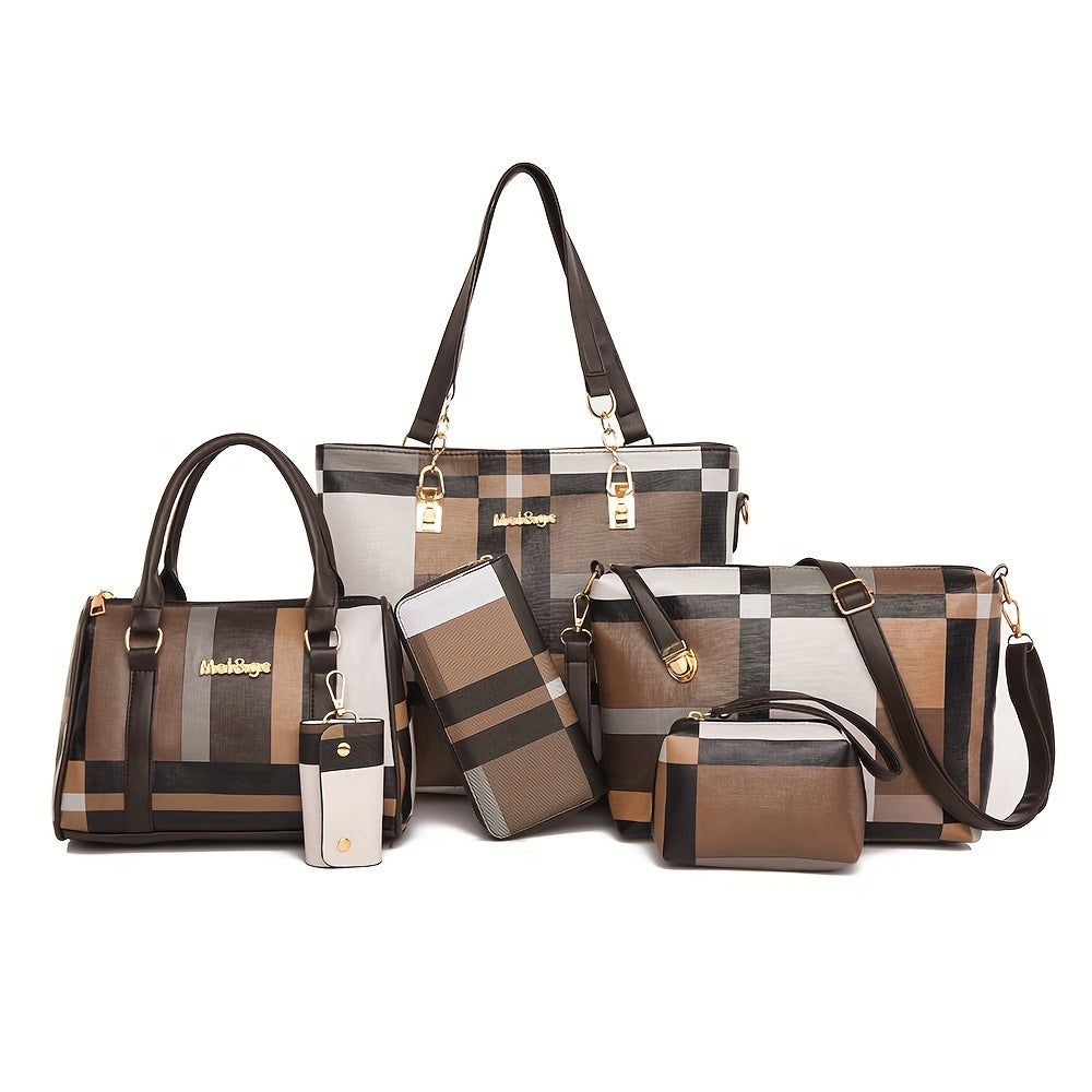 Kit 6 Bolsas Femininas Xadrez – Tote, Crossbody & Ombro em Faux Leather