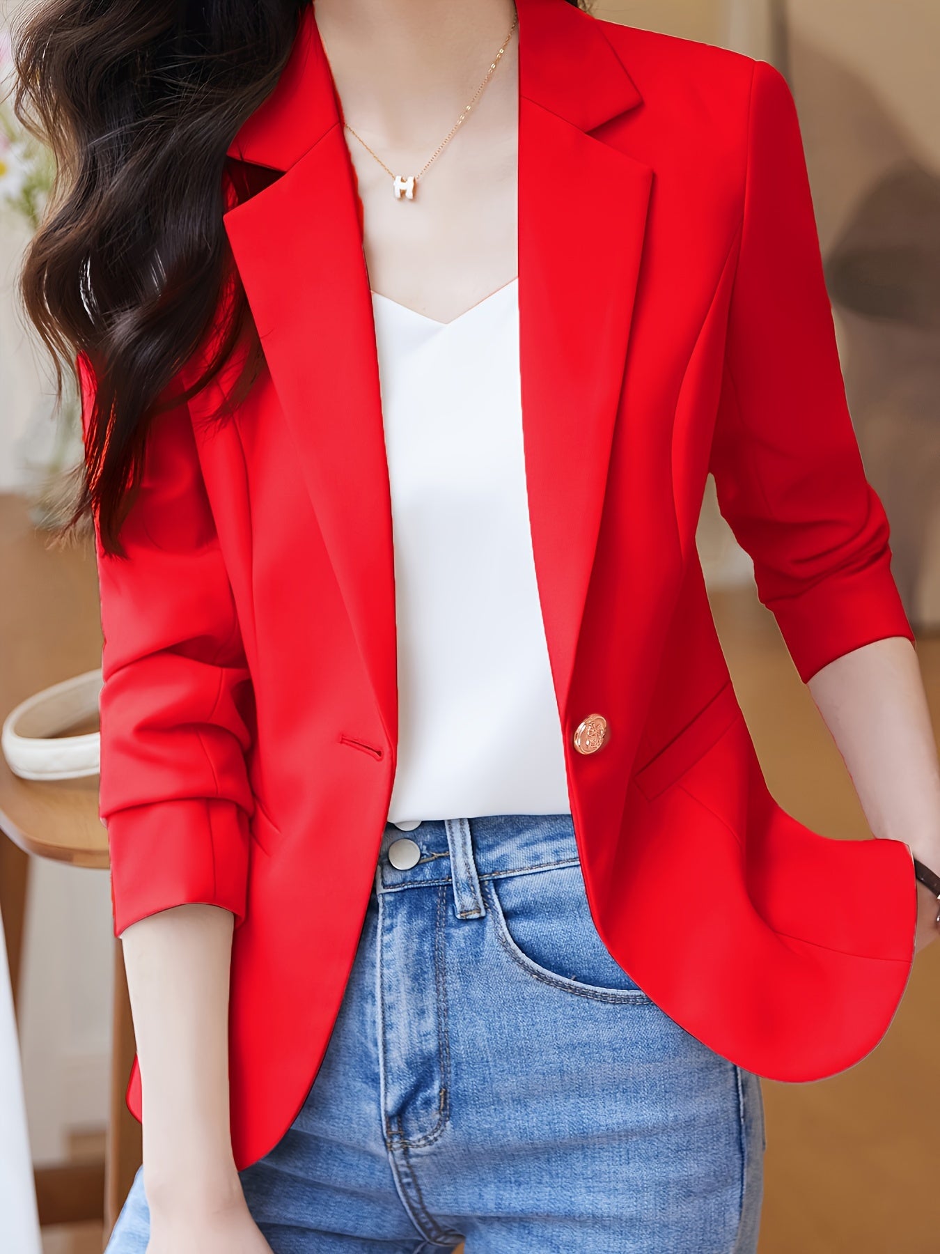 Blazer Feminino de Lapela com Fechamento de Um Botão – Manga Longa, Frente Aberta, para Trabalho e Escritório