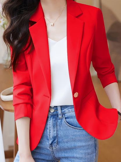 Blazer Feminino de Lapela com Fechamento de Um Botão – Manga Longa, Frente Aberta, para Trabalho e Escritório