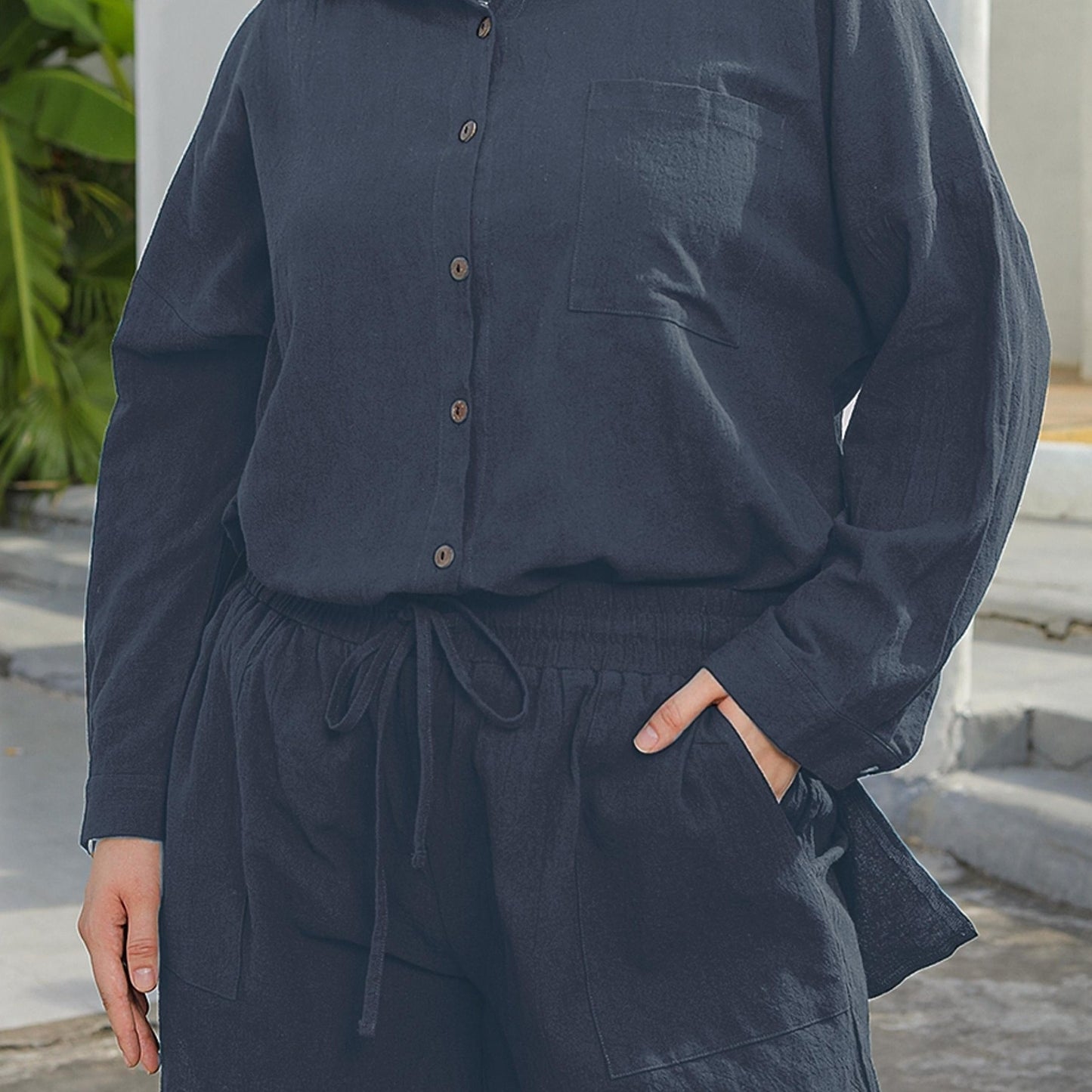 Conjunto Plus Size Feminino Casual – Camisa Botões Manga Longa + Shorts com Cordão