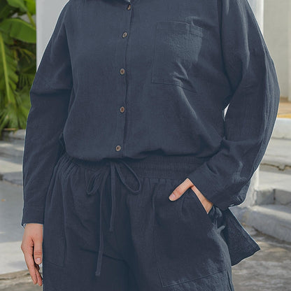 Conjunto Plus Size Feminino Casual – Camisa Botões Manga Longa + Shorts com Cordão